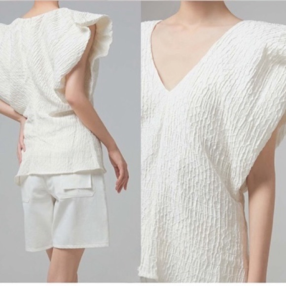 CO Avery Linen Crepe Pleated Cap Sleeve Textured Jacquard V Neck Blouse Top NEW - Picture 2 of 16